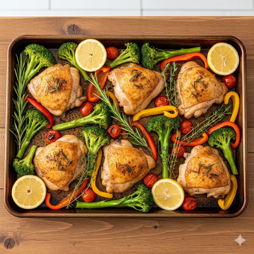 Easy Dinner Ideas: 6 Surprising Pantry Meals 2 A sheet pan filled with roasted chicken thighs broccoli bell peppers cherry tomatoes lemon slices and herbs.
