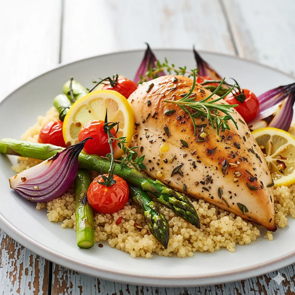 Easy Dinner Ideas: 6 Surprising Pantry Meals 5 A plate of baked chicken breast served over quinoa with asparagus cherry tomatoes red onion and lemon slices.