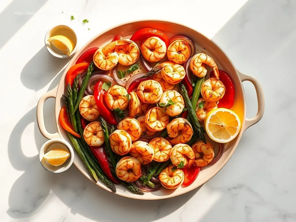 Delicious Sheet Pan Shrimp and Veggies on a white platter