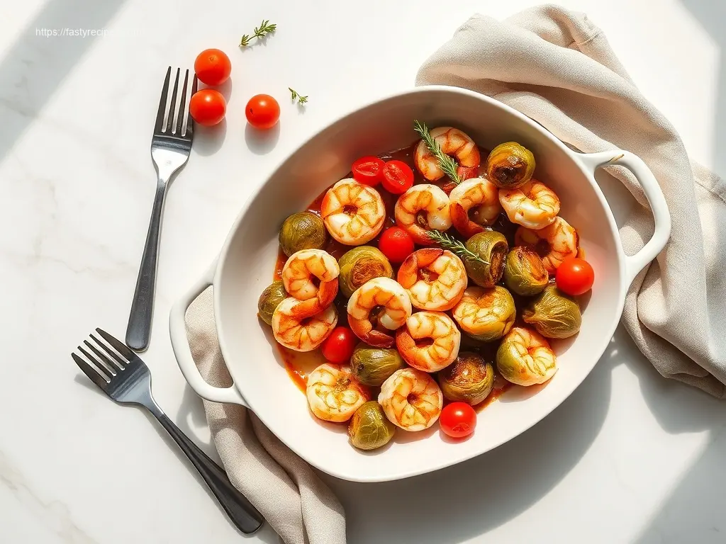 Delicious Shrimp and Brussels Sprouts Bake overhead view