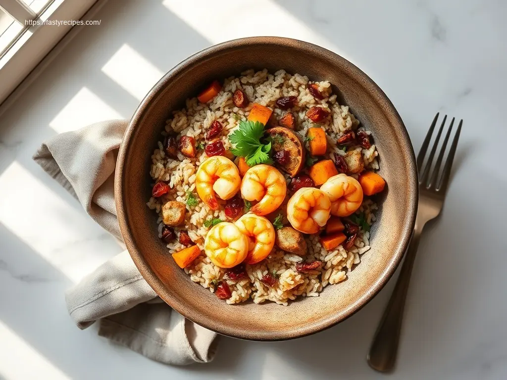 Delicious Shrimp and Wild Rice Harvest Bowl overhead view