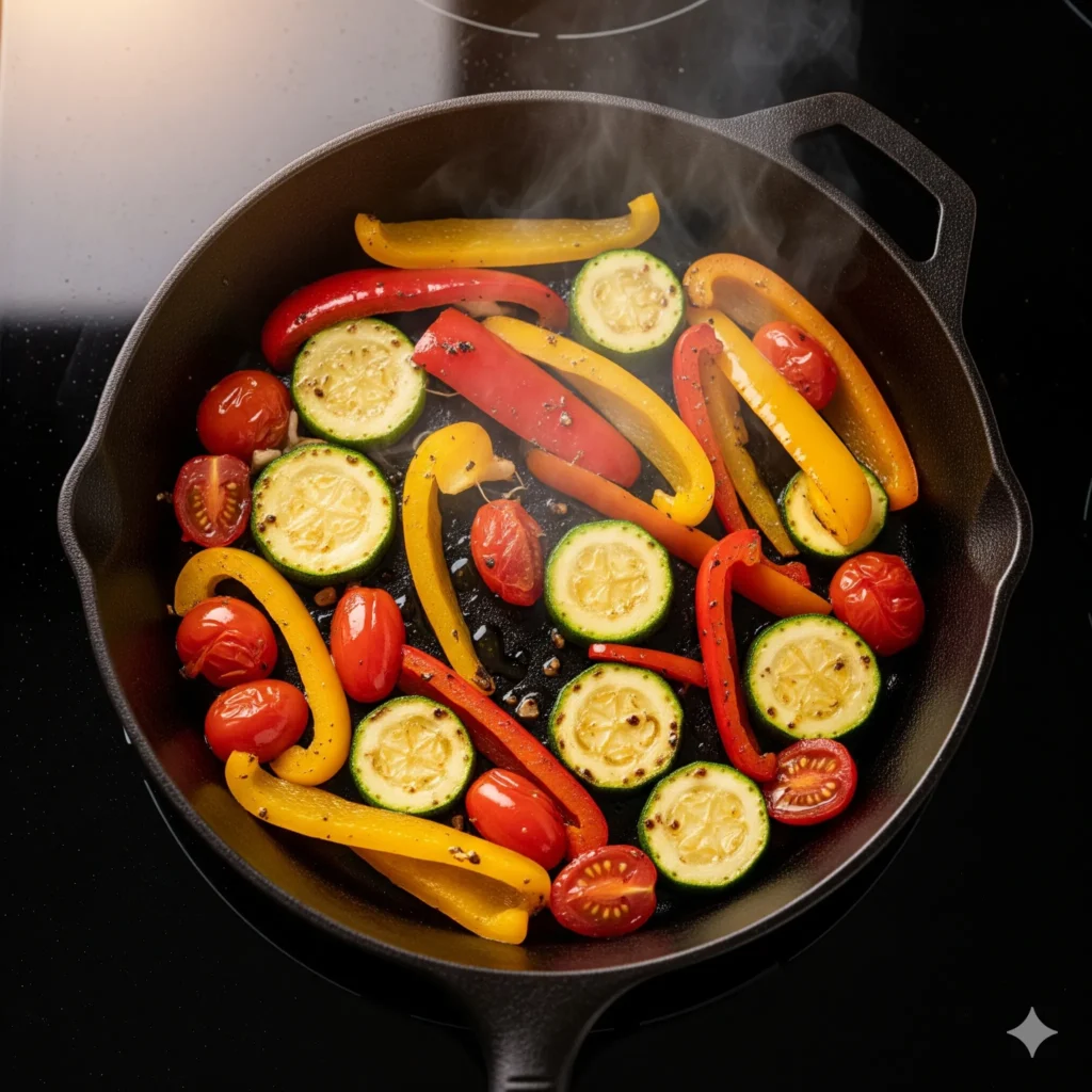 Vegetables sizzling in cast-iron skillet