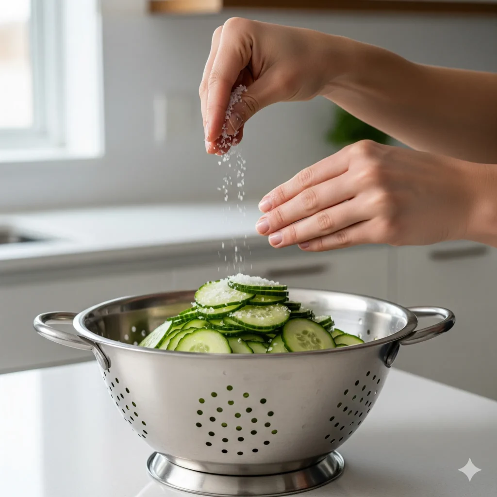 Cucumber Salad: My 1 Secret Ingredient Revealed 3 Hands sprinkling salt over sliced cucumbers in a metal colander.