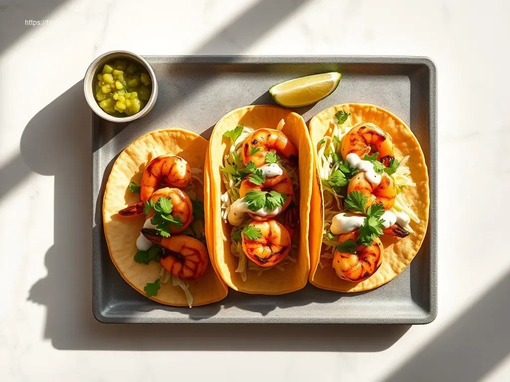 Delicious Spicy Grilled Shrimp Tacos artfully arranged