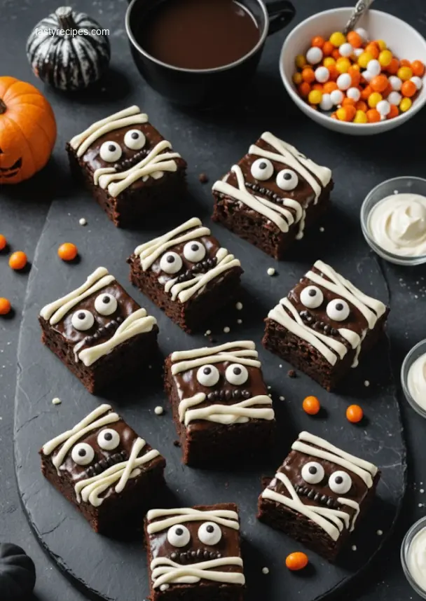 Spooky Mummy Brownies on a white plate