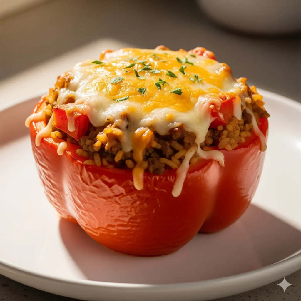 Stuffed Bell Peppers: 6 Tips for Perfect Baking 3 A red stuffed bell pepper topped with melted cheese on a white plate.