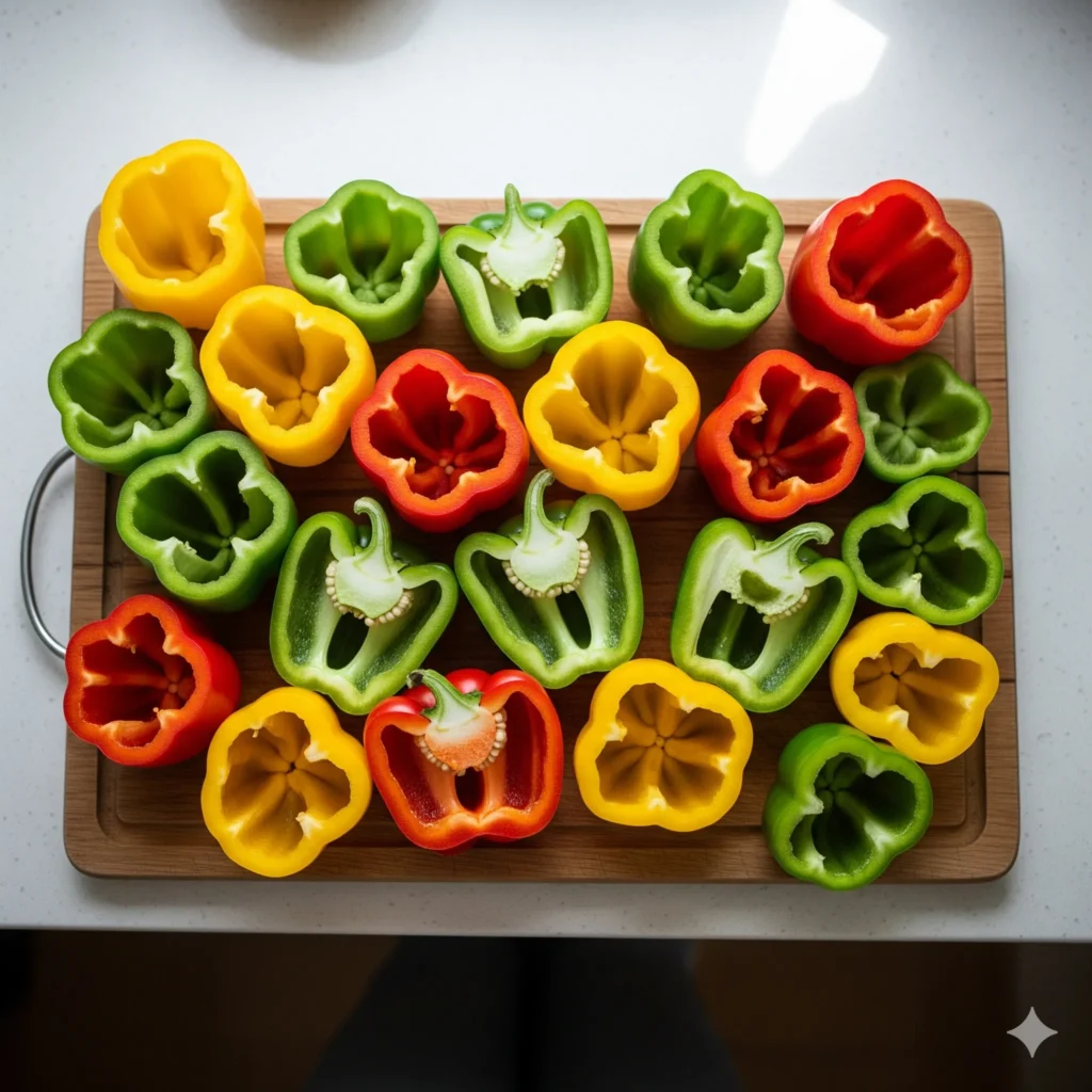 Stuffed Bell Peppers: 6 Tips for Perfect Baking 4 A variety of hollowed red yellow and green bell peppers on a wooden cutting board.