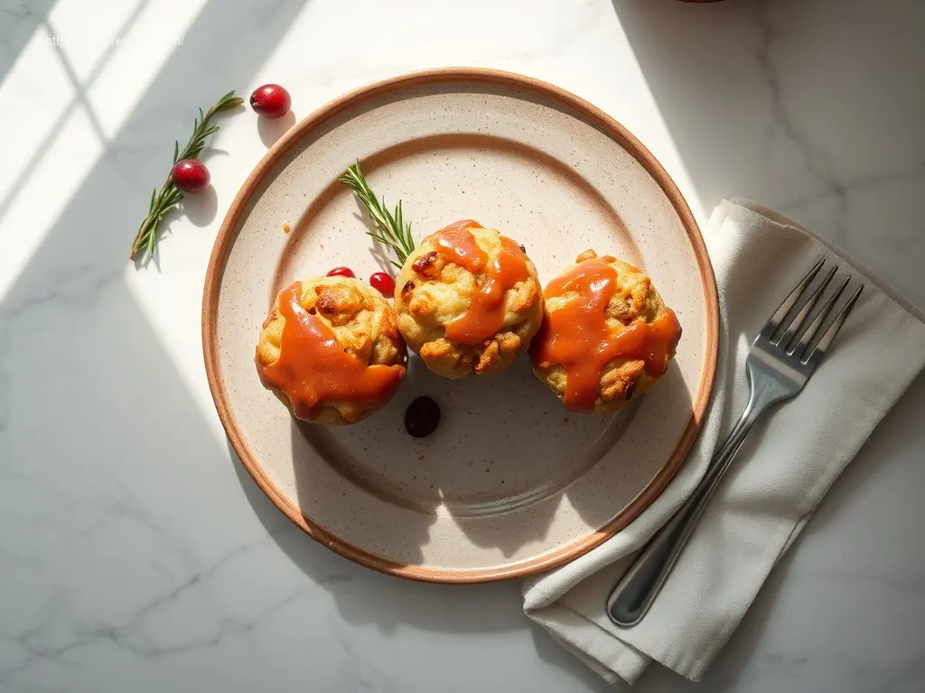 Stuffing Muffins with Cranberry Glaze: Why You Need 1 Today! 2 Delicious Stuffing Muffins with Cranberry Glaze overhead view