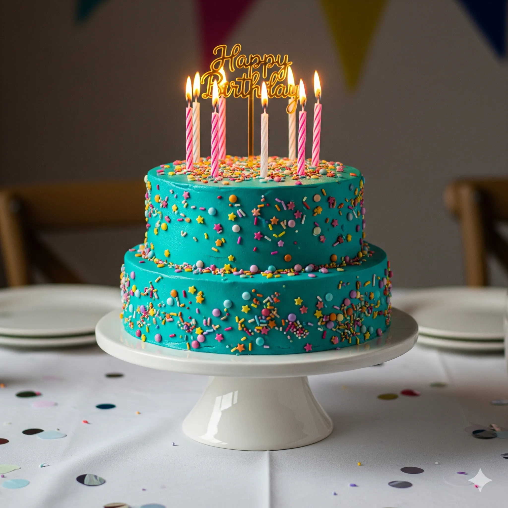 Birthday Cake: Top 6 Toppings Everyone Loves 1 Two-tier blue birthday cake with sprinkles and candles
