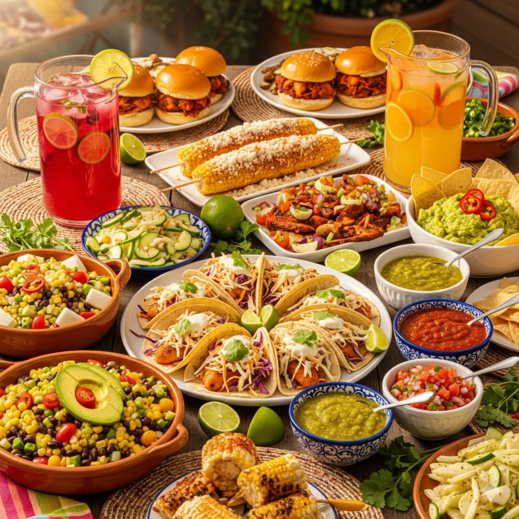 Mexican fiesta spread with tacos corn salads and drinks
