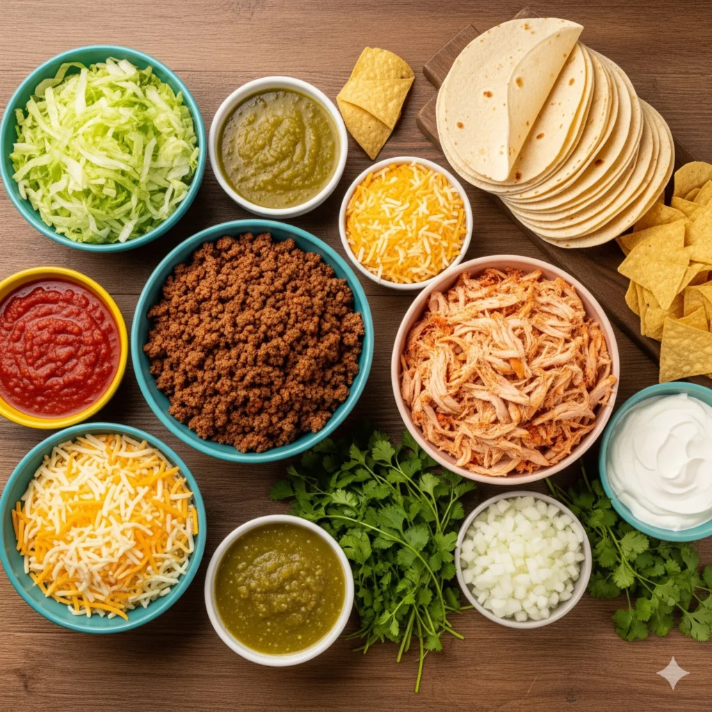 Summer Mexican Recipes: How to Make 5 Easy Meals 2 Taco bar setup with tortillas meats cheese and toppings