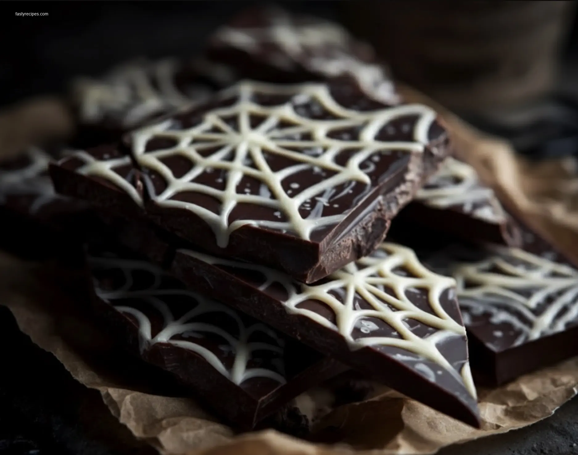 Webbed Chocolate Bark on a plate with candy eyes