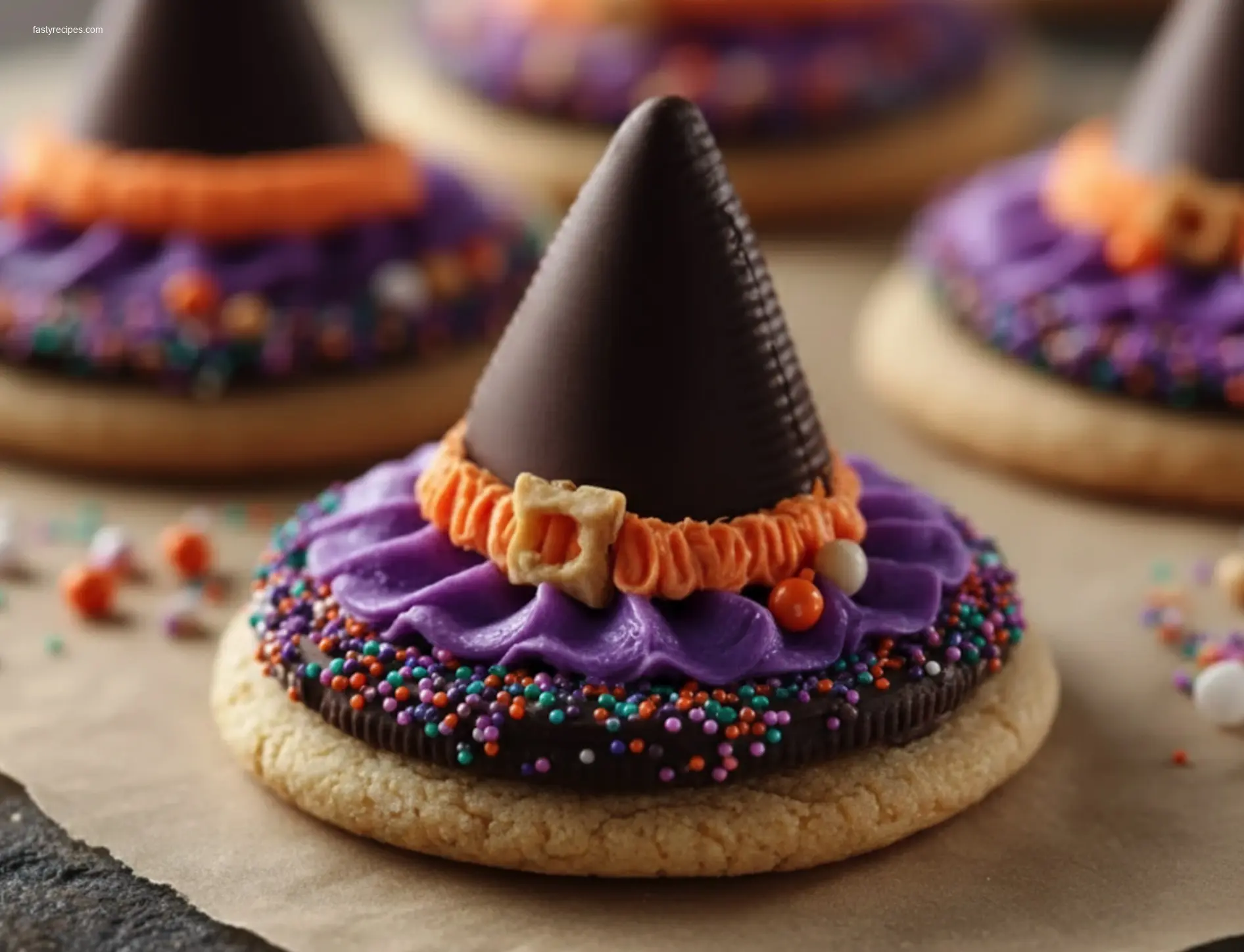Delicious Witch Hat Cookies on a white marble table