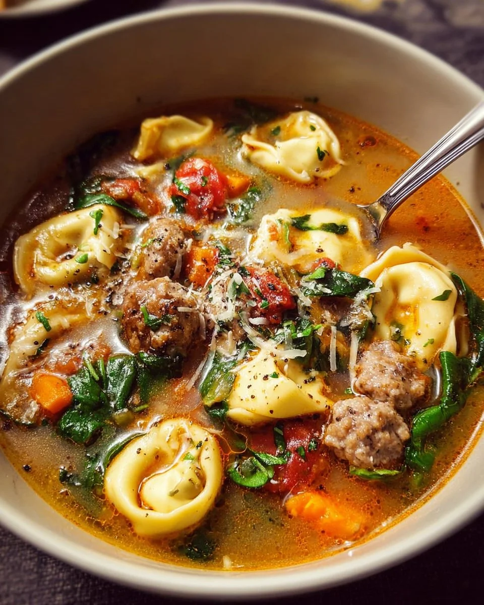 Autumn Tortellini Soup with Sausage 1 Bowl of Autumn Tortellini Soup with Sausage garnished with herbs