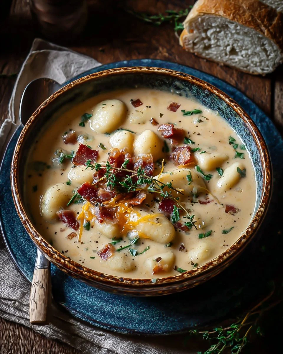 Bowl of rich and creamy Bacon Cheddar Gnocchi Soup topped with crispy bacon.