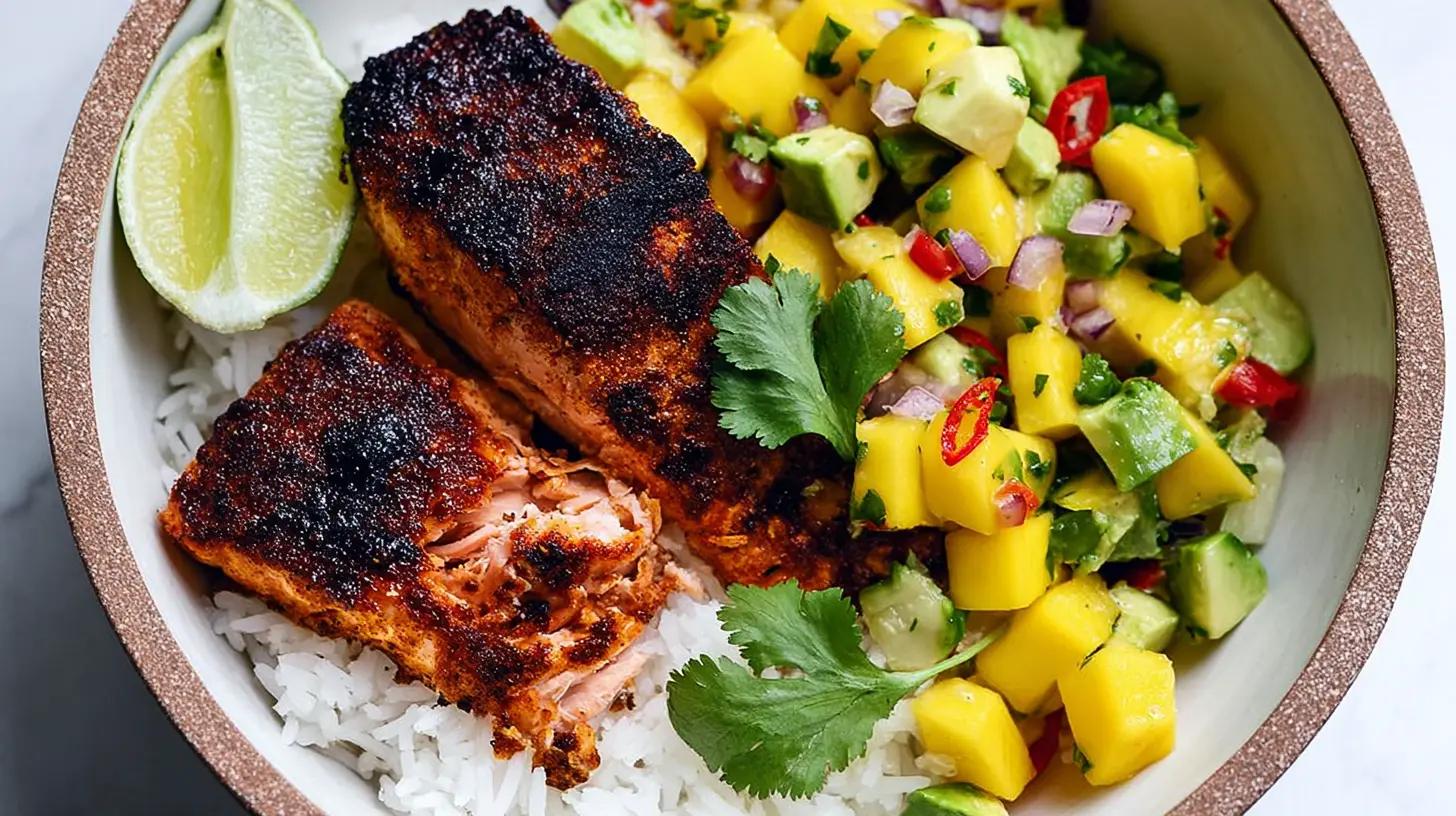 BBQ Salmon Bowls with Mango Avocado Salsa: Your 1 Dish Guide 2 BBQ salmon bowls with vibrant mango avocado salsa artfully arranged.