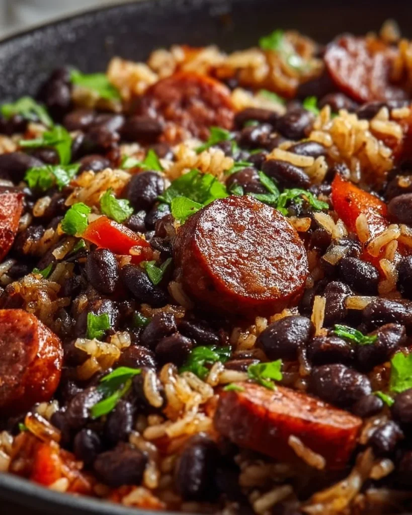 Delicious black beans and rice with sausage in a bowl.