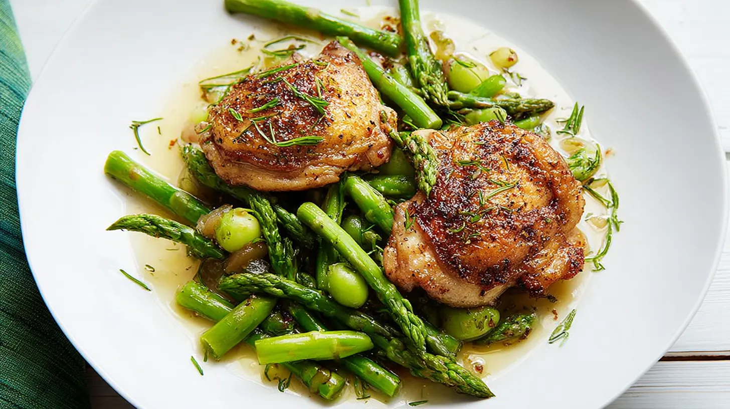 Braised Chicken With Asparagus: Our Top 1 Recipe 2 A serving of braised chicken with tender green asparagus spears on a plate.