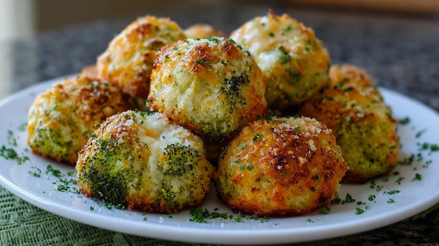 A platter of freshly baked broccoli cheese balls with a golden crust.