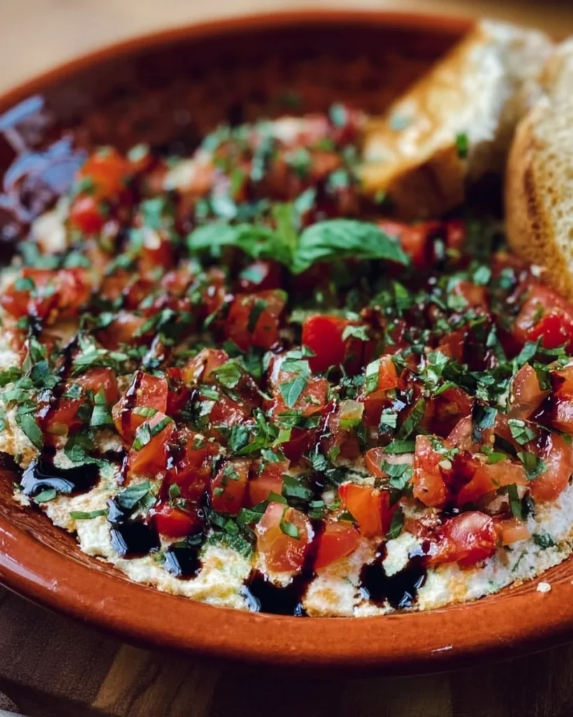 Delicious Bruschetta Dip served with crusty bread and fresh basil garnish