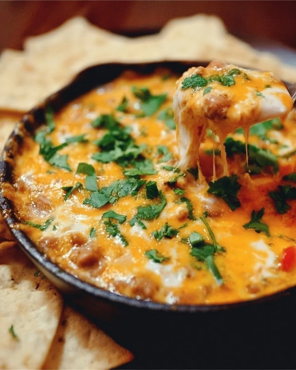 Cheesy Bean Dip 1 Delicious cheesy bean dip served with tortilla chips