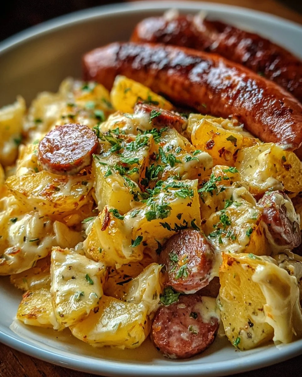 Cheesy Ranch Potatoes and Smoked Sausage 1 Cheesy ranch potatoes with smoked sausage served in a bowl
