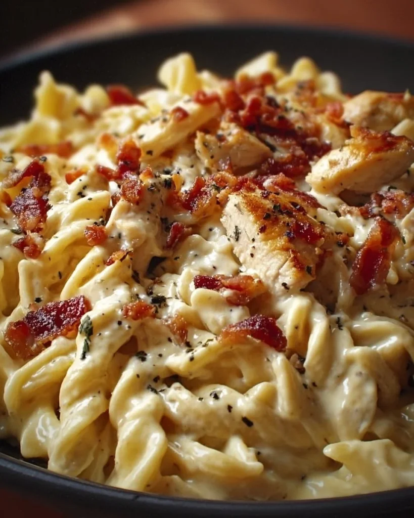 Delicious Chicken Bacon Ranch Pasta served in a bowl with cheese and herbs.