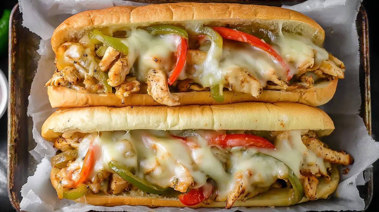 A sizzling Chicken Philly Cheesesteak sandwich with melted cheese.