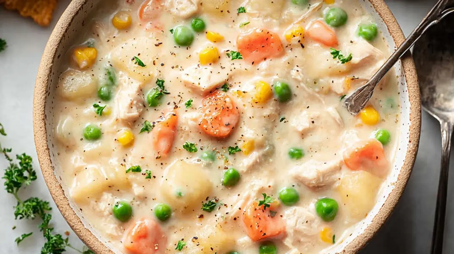 A warm bowl of chicken pot pie soup garnished with fresh herbs