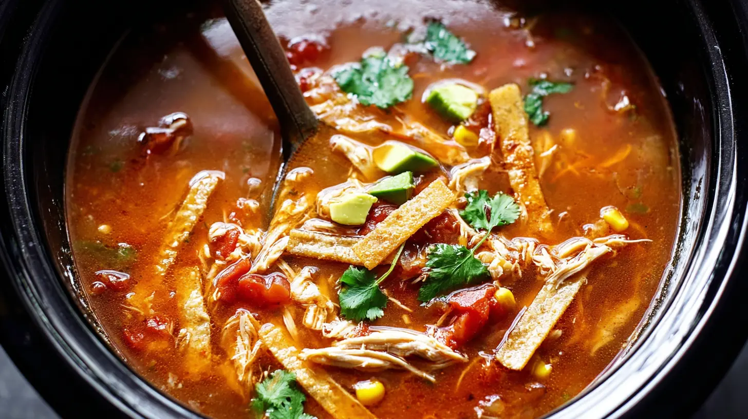 A steaming bowl of Chicken Tortilla Soup cooked in a Crock Pot, ready to eat.