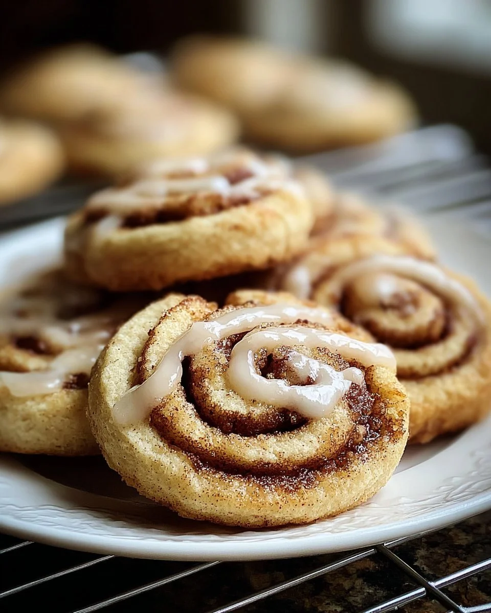 Cinnamon Roll Cookies 1 Delicious homemade Cinnamon Roll Cookies with icing and cinnamon swirls.