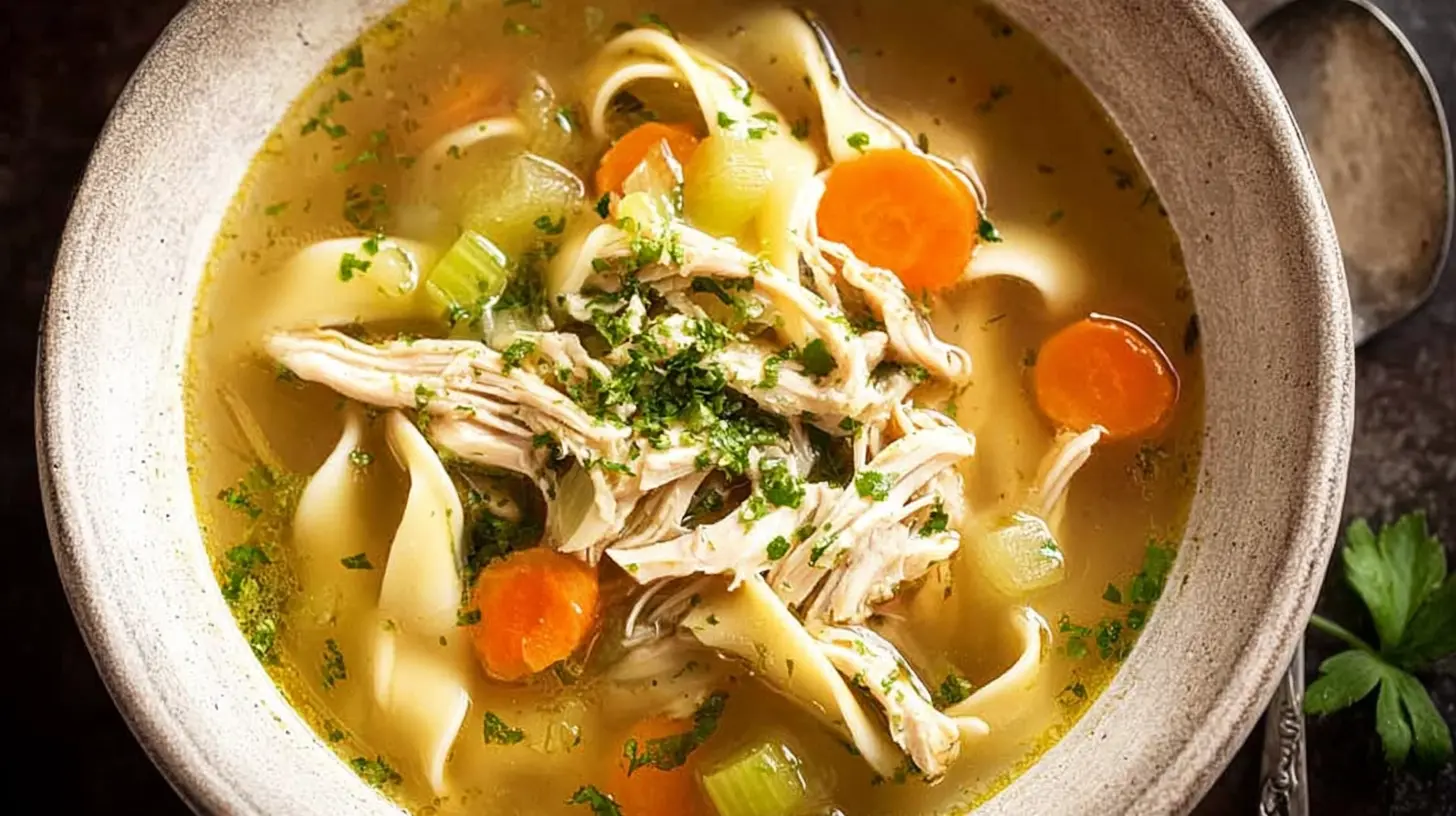 A steaming bowl of homemade chicken noodle soup with fresh herbs.