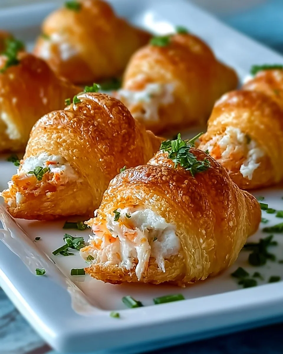 Crab Crescent Bites Delight 1 Delicious crab crescent bites displayed on a platter for a party appetizer.