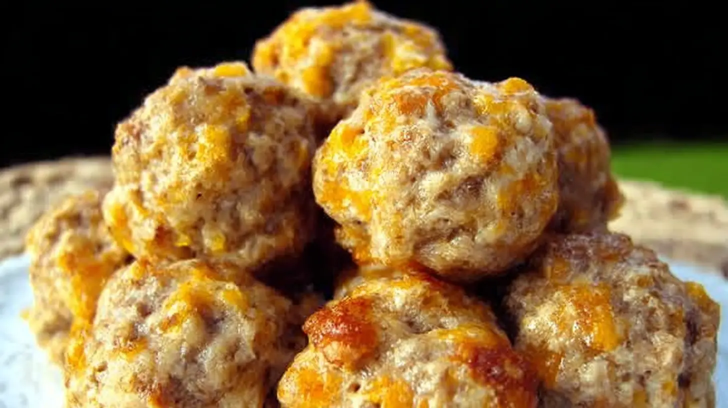 A serving platter filled with golden brown cream cheese sausage balls.