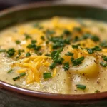 Close-up of creamy Crock Pot Crack Potato Soup with fresh toppings.