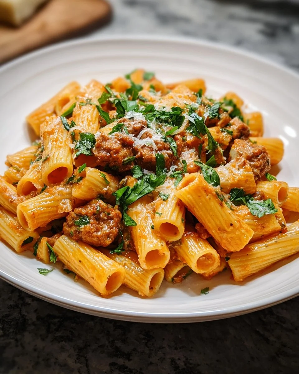 Creamy Sausage Rigatoni 1 Creamy sausage rigatoni pasta dish served with herbs and cheese