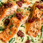 Two portions of Tuscan salmon on plates, garnished with fresh basil and herbs.