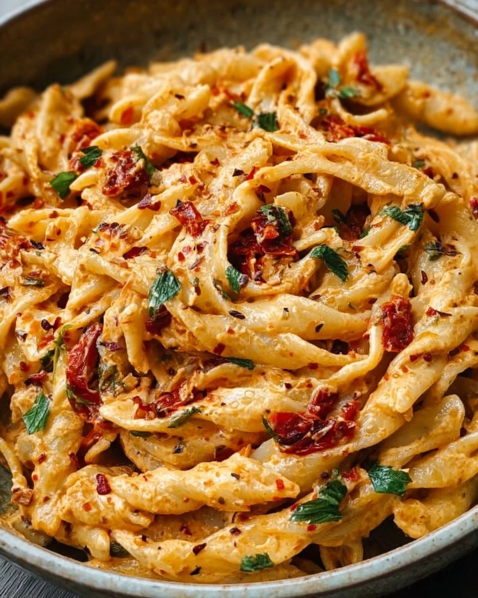 Creamy vegan sun-dried tomato pasta with herbs and vegetables