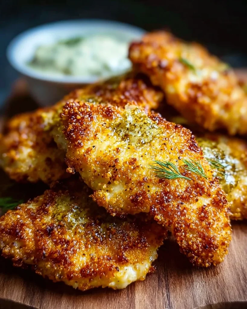 Crispy Dill Pickle Parmesan Chicken: An Amazing Ultimate Recipe 1 Crispy Dill Pickle Parmesan Chicken served with fresh herbs and dips.