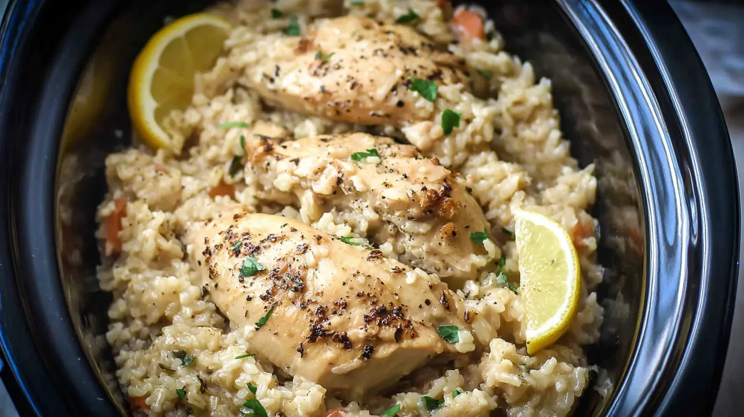 A bowl of Crock Pot Chicken And Rice with carrots and peas.