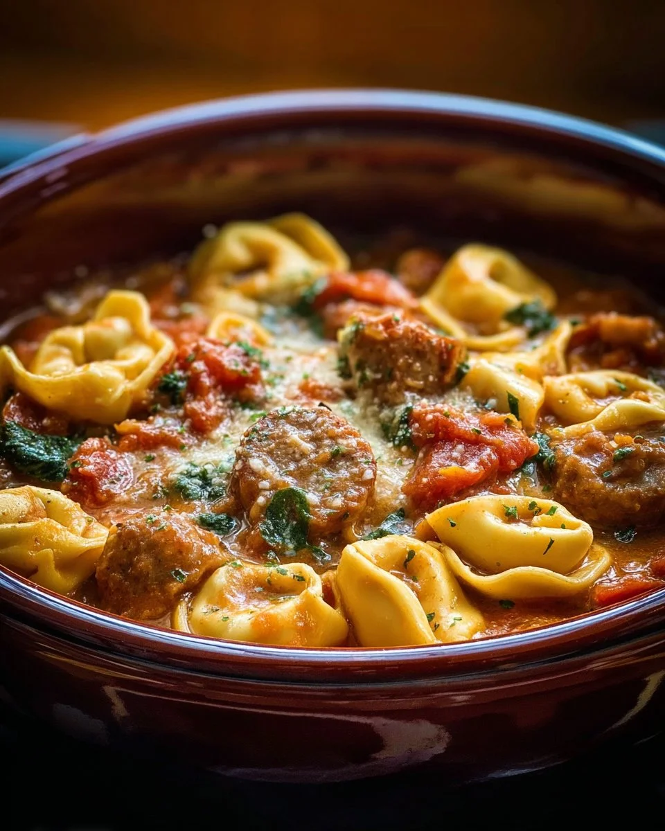 Crockpot Cheese Tortellini and Sausage – Comforting & Creamy 1 Crockpot cheese tortellini with sausage served in a creamy sauce