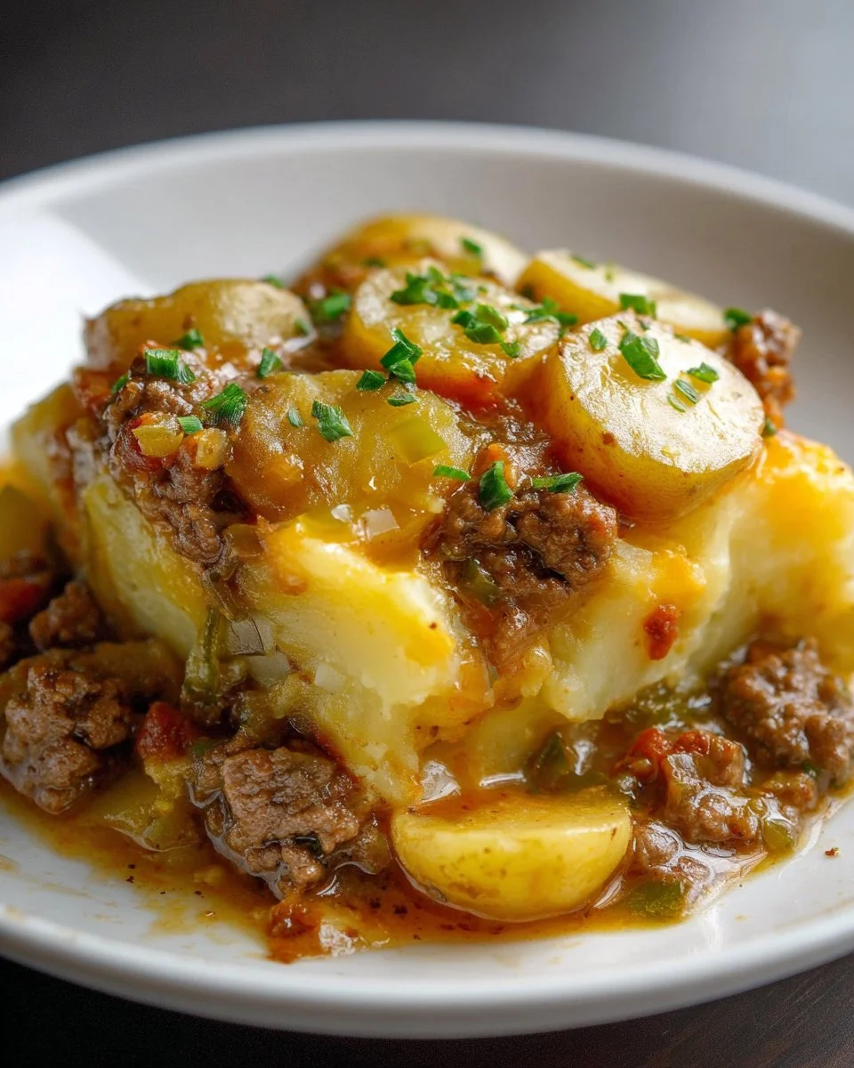 Crockpot Hamburger Potato Casserole 1 Crockpot Hamburger Potato Casserole dish with melted cheese and potatoes