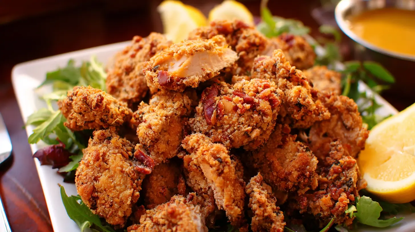 Close-up of various chicken bites served as appetizers for a party.