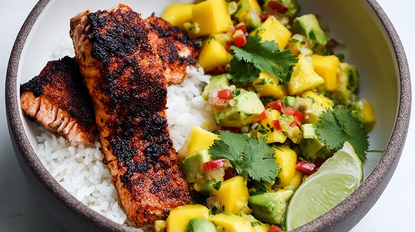 BBQ Salmon Bowls with Mango Avocado Salsa: Your 1 Dish Guide 1 Grilled salmon bowls topped with fresh mango avocado salsa and herbs.