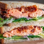 Delicious salmon sandwich featuring grilled salmon and crisp vegetables.