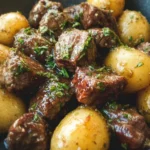 Garlic butter beef bites served with potatoes on a plate