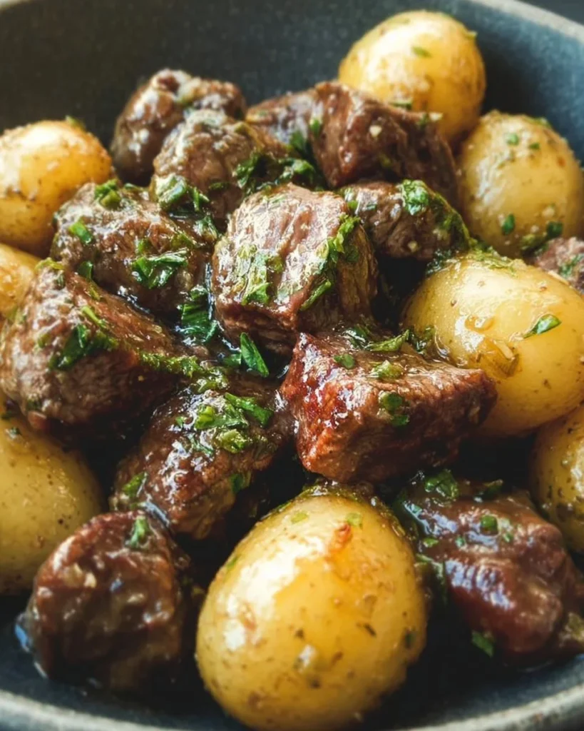 Garlic butter beef bites served with potatoes on a plate