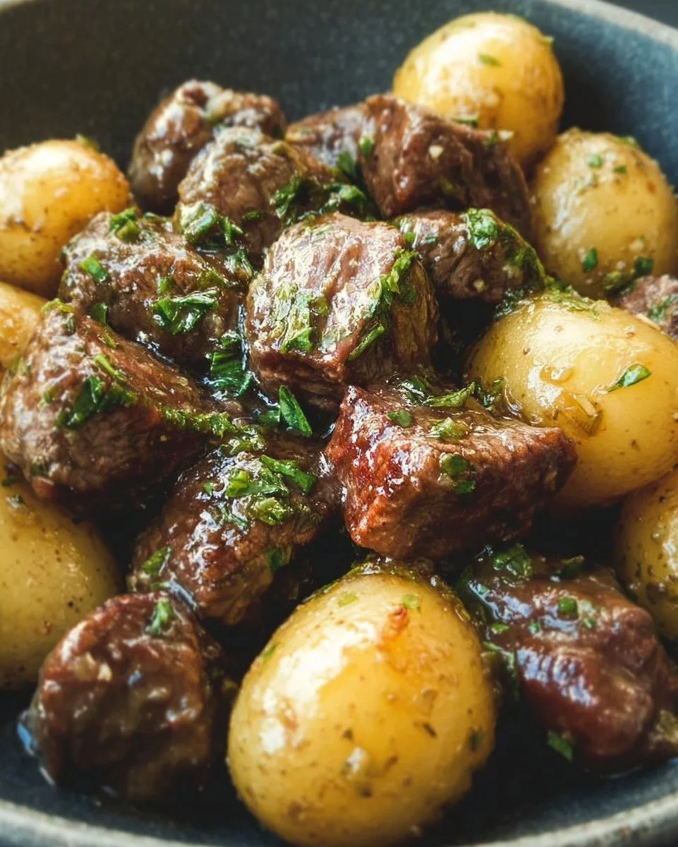 Garlic Butter Beef Bites with Potatoes 1 Garlic butter beef bites served with potatoes on a plate