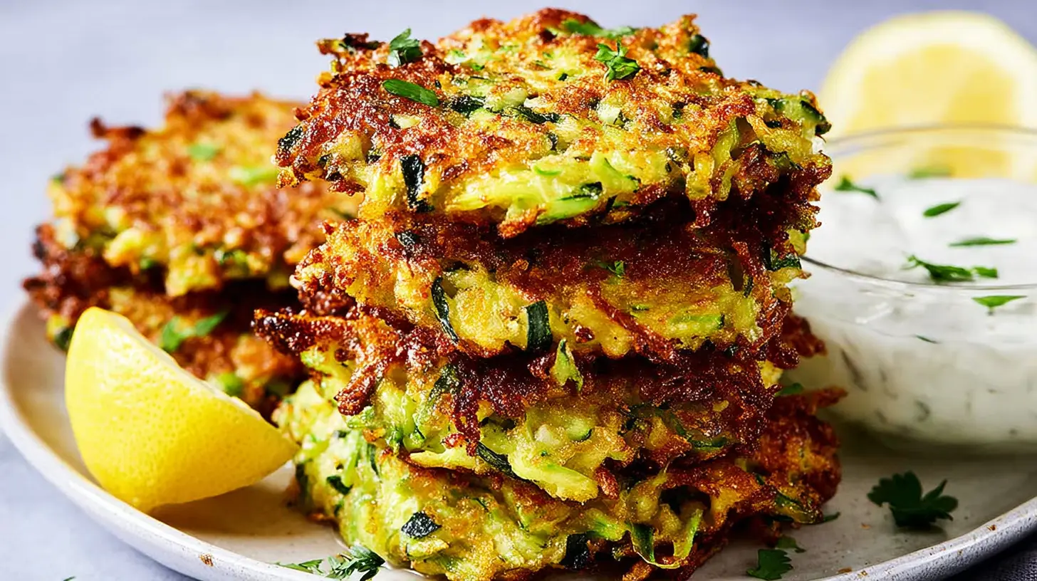 A stack of golden-brown zucchini fritters on a white plate, garnished with fresh dill.