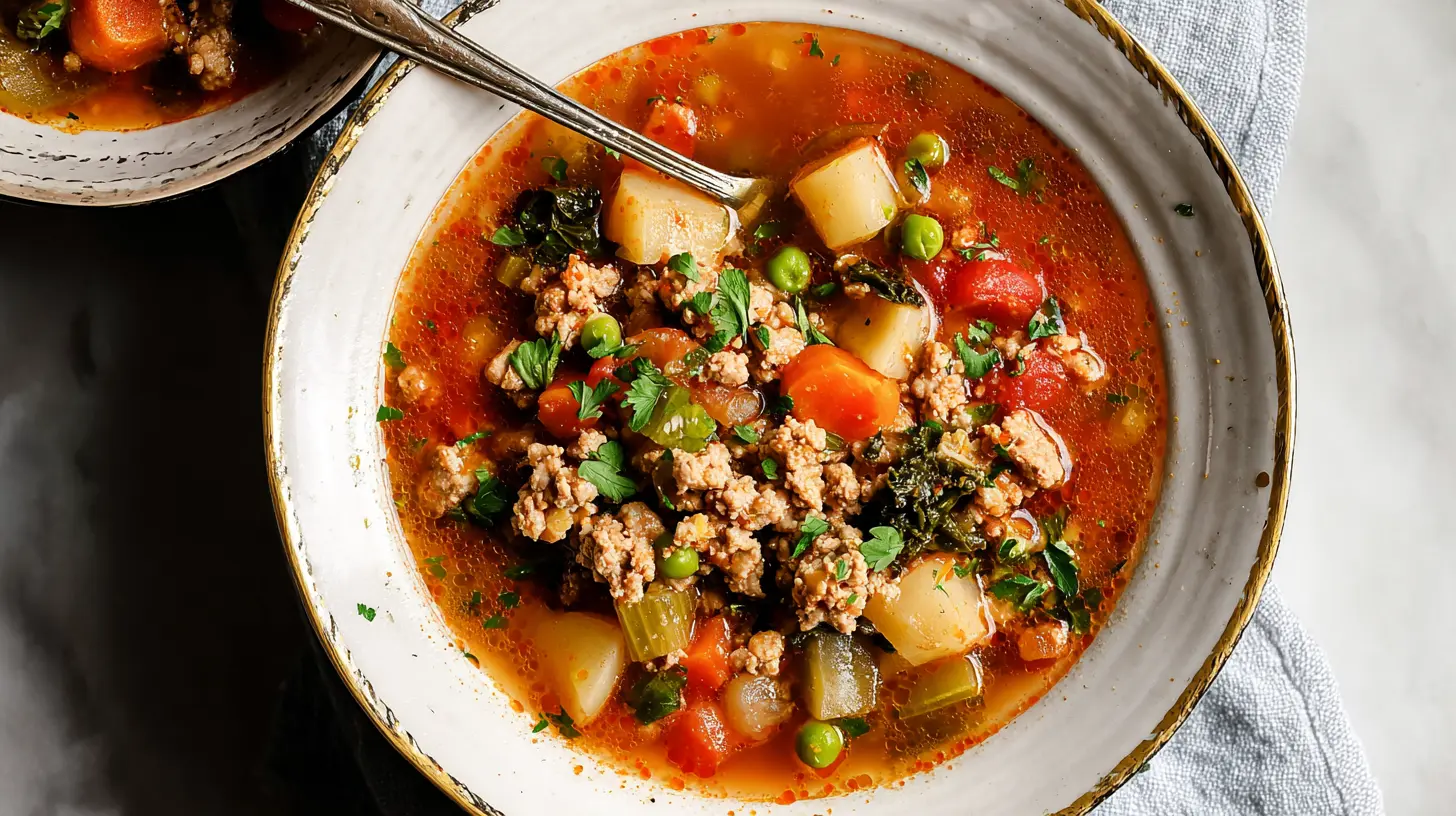 Ground Turkey Soup: Why You Need 1 Big Pot 2 A steaming bowl of hearty ground turkey soup with mixed vegetables.